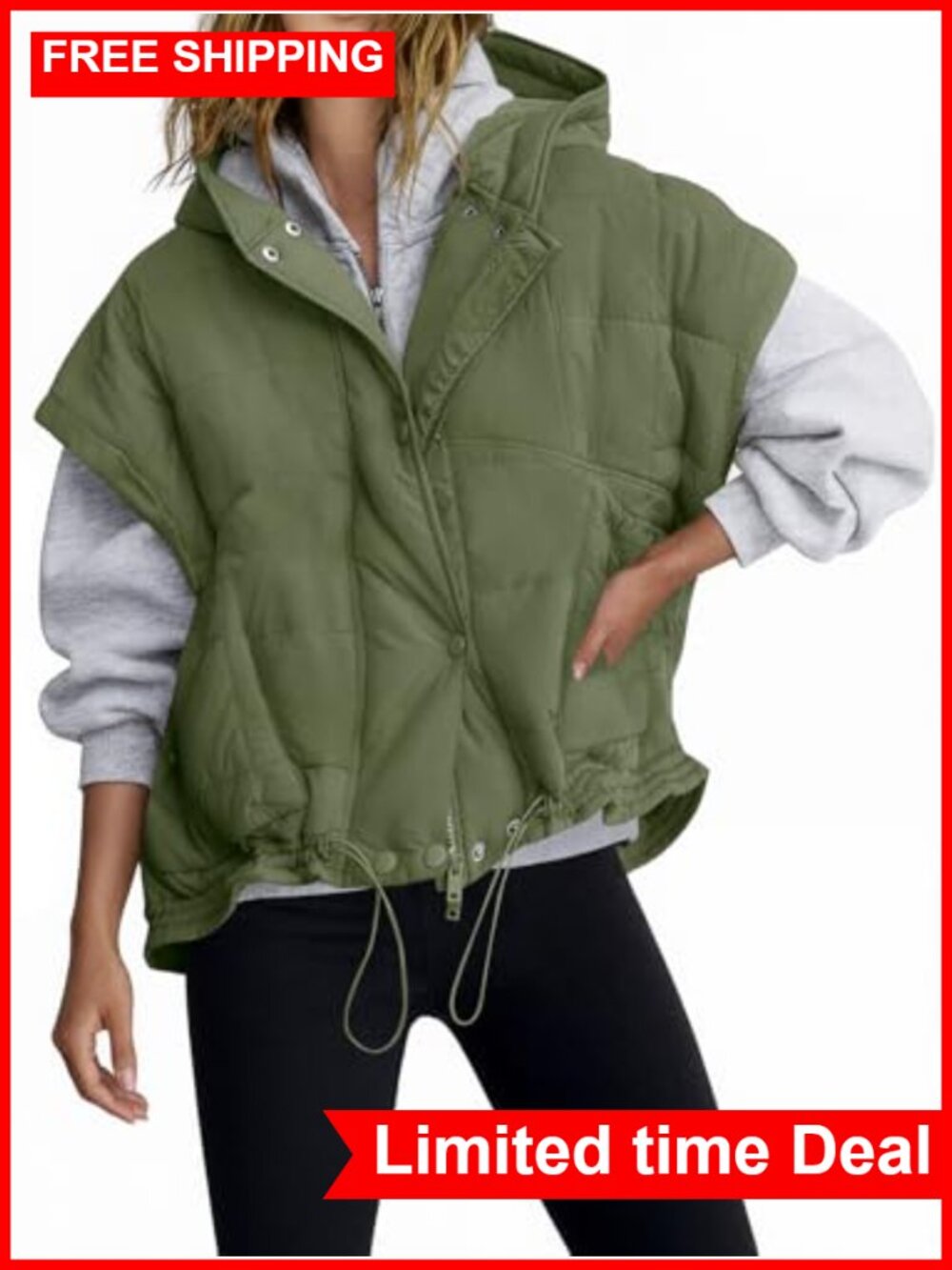 Oversized Hooded Quilted Puffer Vest Cap Sleeve Padded Warm Winter Outerwear